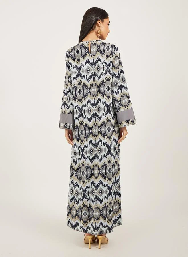 Styli All Over Print Flat Collared Panelled Jalabiya