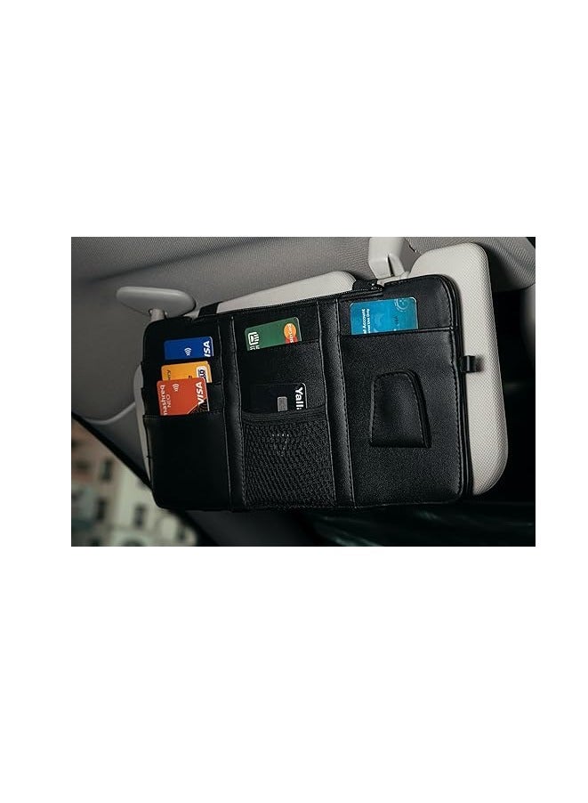 Leather Car Visor Organizer – PU Leather Sun Visor Storage with Card Slots, Mesh Pocket, Magnetic Sunglasses Clip, and Pen Holder – Universal Fit for Cars and SUV (Black) - Image 2