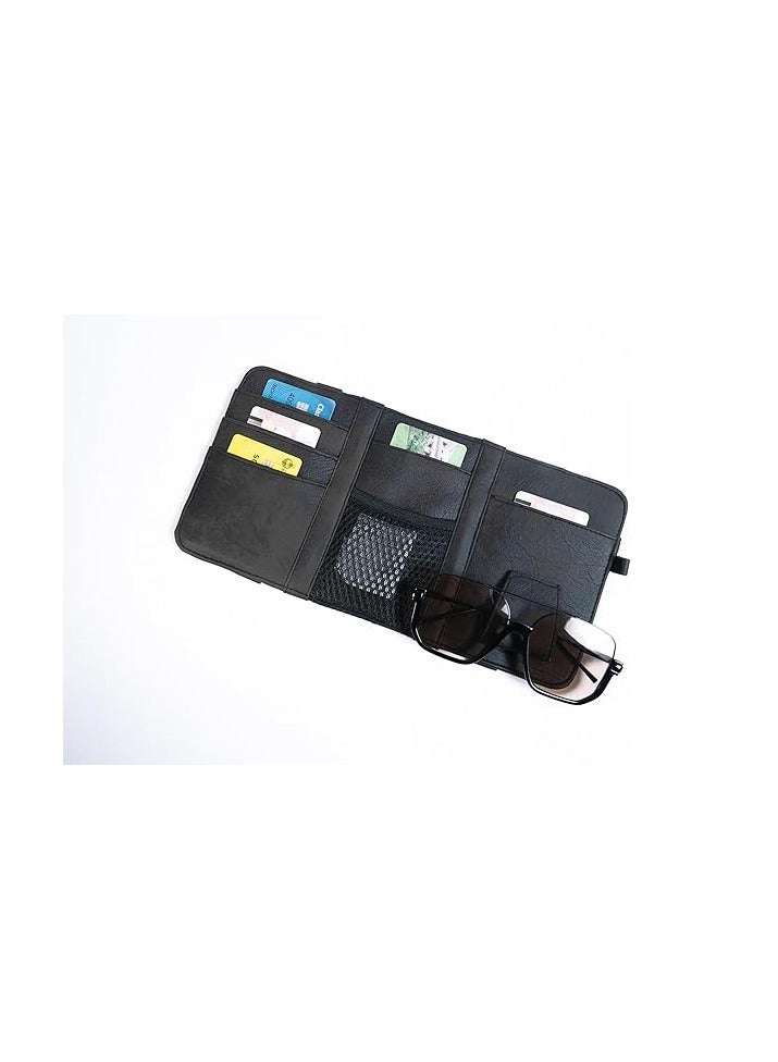 Leather Car Visor Organizer – PU Leather Sun Visor Storage with Card Slots, Mesh Pocket, Magnetic Sunglasses Clip, and Pen Holder – Universal Fit for Cars and SUV (Black) - Image 1