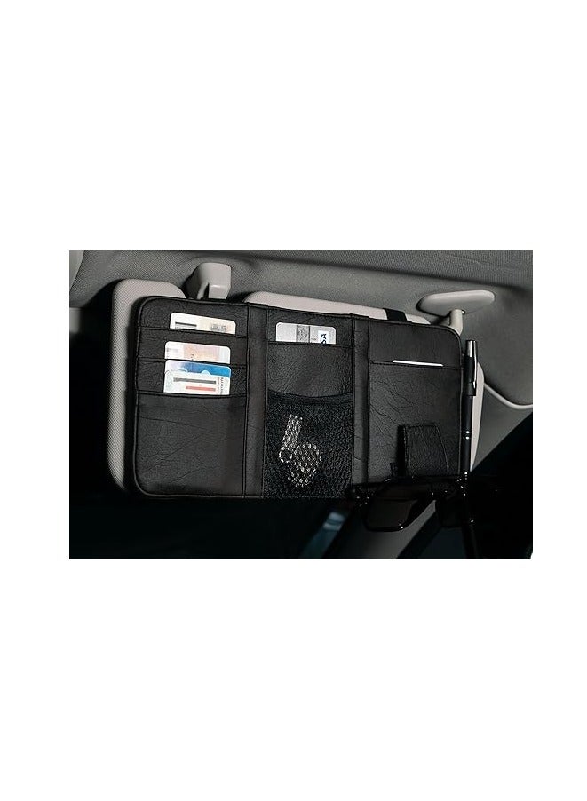 Leather Car Visor Organizer – PU Leather Sun Visor Storage with Card Slots, Mesh Pocket, Magnetic Sunglasses Clip, and Pen Holder – Universal Fit for Cars and SUV (Black) - Image 3