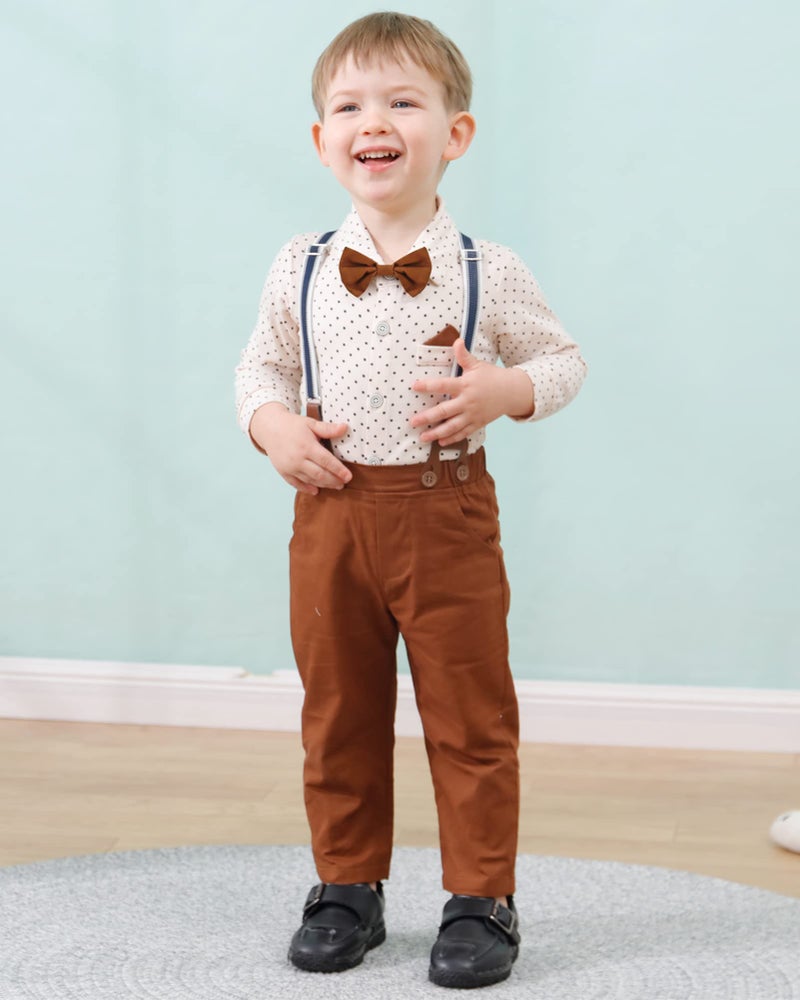 DISAUR Baby Boy Clothes Suits, Infant Gentleman Boy Outfit,Long Sleeve Shirts +Beret Hat + Suspender Pants + Bowtie 9-12M - Image 2