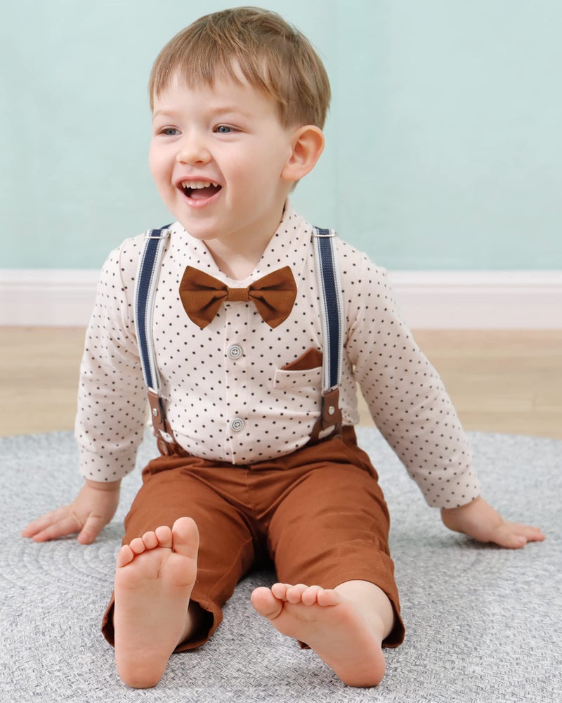 DISAUR Baby Boy Clothes Suits, Infant Gentleman Boy Outfit,Long Sleeve Shirts +Beret Hat + Suspender Pants + Bowtie 9-12M - Image 3