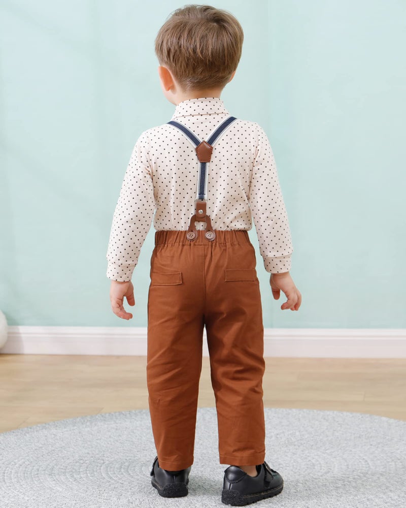 DISAUR Baby Boy Clothes Suits, Infant Gentleman Boy Outfit,Long Sleeve Shirts +Beret Hat + Suspender Pants + Bowtie 9-12M - Image 4