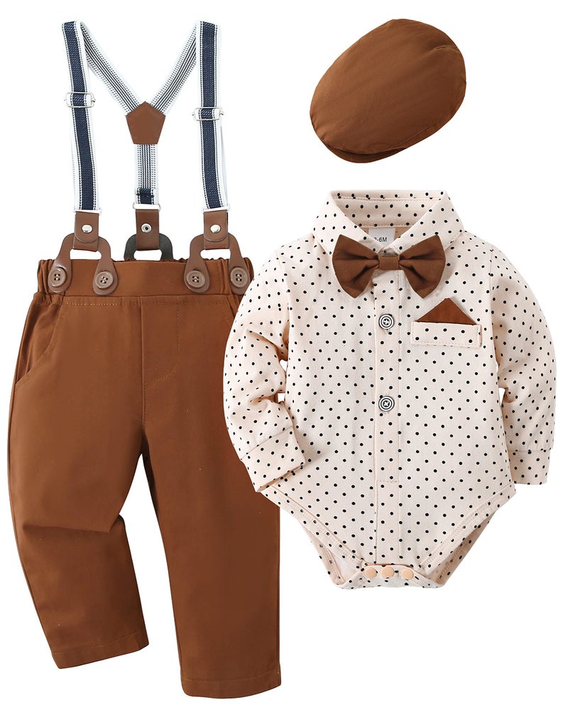 DISAUR Baby Boy Clothes Suits, Infant Gentleman Boy Outfit,Long Sleeve Shirts +Beret Hat + Suspender Pants + Bowtie 9-12M - Image 1