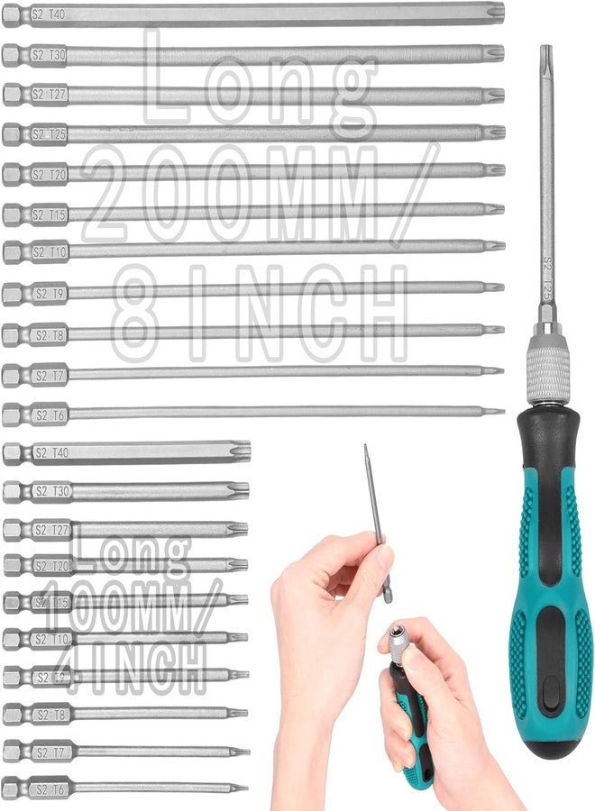 JUNXILPPD 23Pcs 1/4inch Long Torx Bit Set Long Allen Socket Set Tamper Proof Torx Set Magnetic Star Bits,11x(4"+8")&1xBit Holder Ultra-long Bit Designed for Deep Hole,S2 Steel Hex Shank (T6-T40) for all Repairs - Image 1