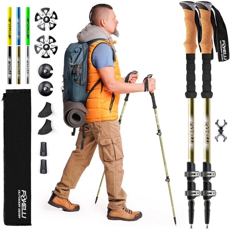 Foxelli Trekking Poles â€“ Lightweight Collapsible Aircraft Grade Aluminum Hiking Poles with Cork Grips Quick Locks & All-Terrain Accessories â€“ Pair of 2 - Image 1