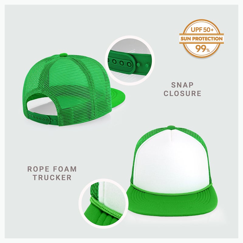 CHOK.LIDS Flat Bill Foam Top Hats for Men and Women Adjustable Snapback Trucker Hat Trendy Color Flat Brim Mesh Baseball Cap (White/Kelly Green) - Image 2