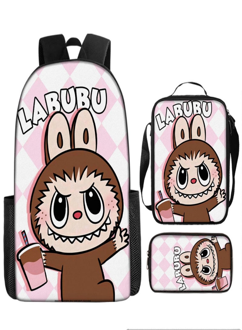 LABUBU Children Backpack Schoolbag Teen Student School Book bag with Lunch Box Pen Case 3 in 1 for Kids