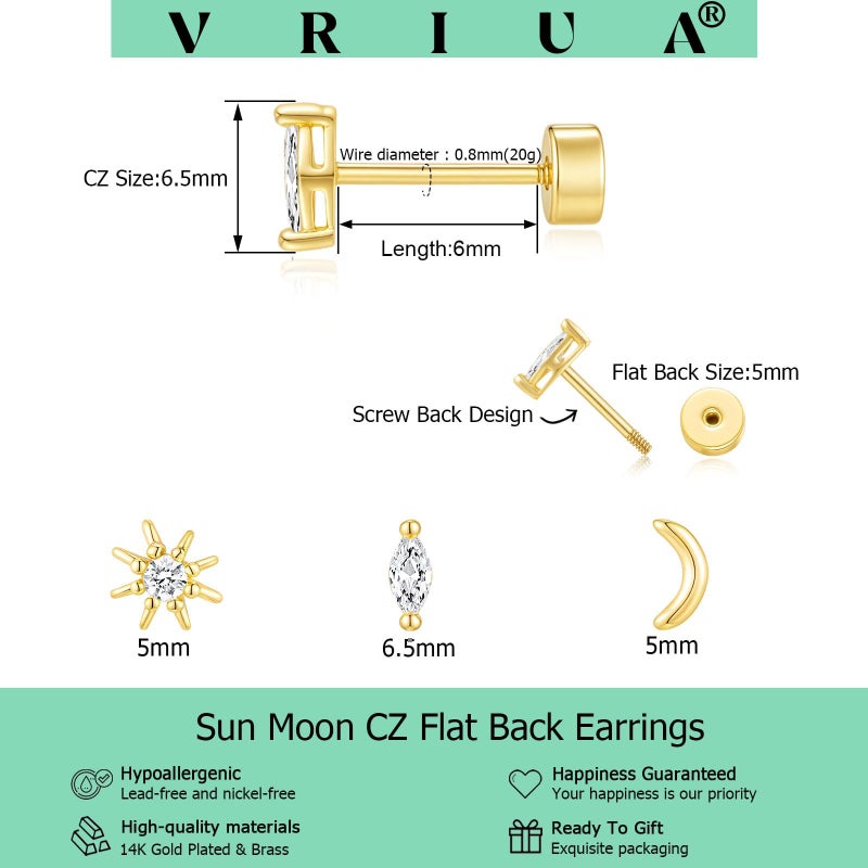 VRIUA Hypoallergenic Flat Back Earrings for Women - 14K Gold Plated Small Sun Moon Flat Back Stud Earrings Cartilage Helix Piercing Jewelry - Image 4