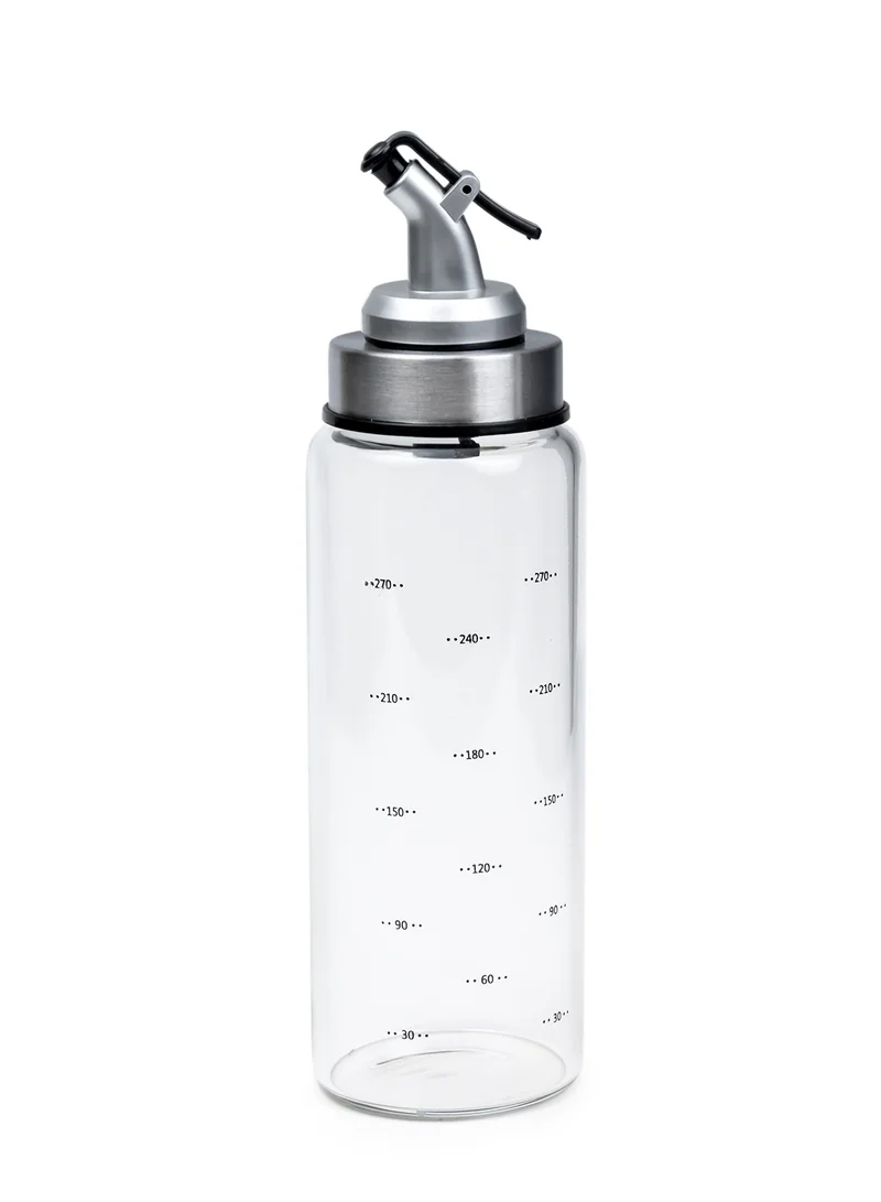 Cuisine Art Glass Oil Bottle, 250ml Oil Dispenser Bottle Stainless Steel embedded Glass Oil Cruet Bottle with Measuring Scale for Olive Oil, Sauces, Vinegar Leak Proof bottle with Auto Flip Non-Drip Spout