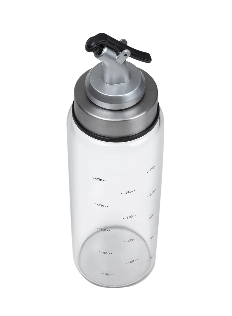 Cuisine Art Glass Oil Bottle, 250ml Oil Dispenser Bottle Stainless Steel embedded Glass Oil Cruet Bottle with Measuring Scale for Olive Oil, Sauces, Vinegar Leak Proof bottle with Auto Flip Non-Drip Spout