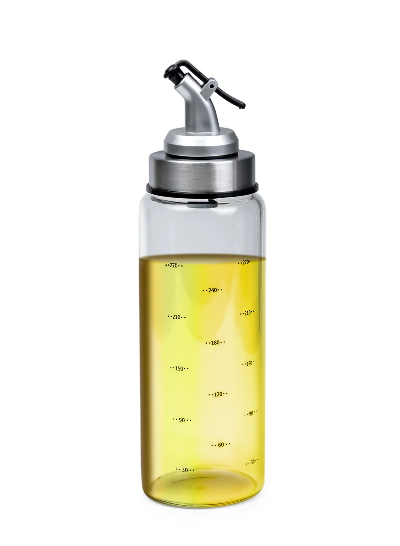 Cuisine Art Glass Oil Bottle, 250ml Oil Dispenser Bottle Stainless Steel embedded Glass Oil Cruet Bottle with Measuring Scale for Olive Oil, Sauces, Vinegar Leak Proof bottle with Auto Flip Non-Drip Spout