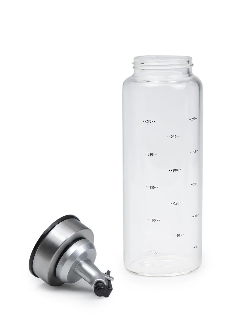 Cuisine Art Glass Oil Bottle, 250ml Oil Dispenser Bottle Stainless Steel embedded Glass Oil Cruet Bottle with Measuring Scale for Olive Oil, Sauces, Vinegar Leak Proof bottle with Auto Flip Non-Drip Spout