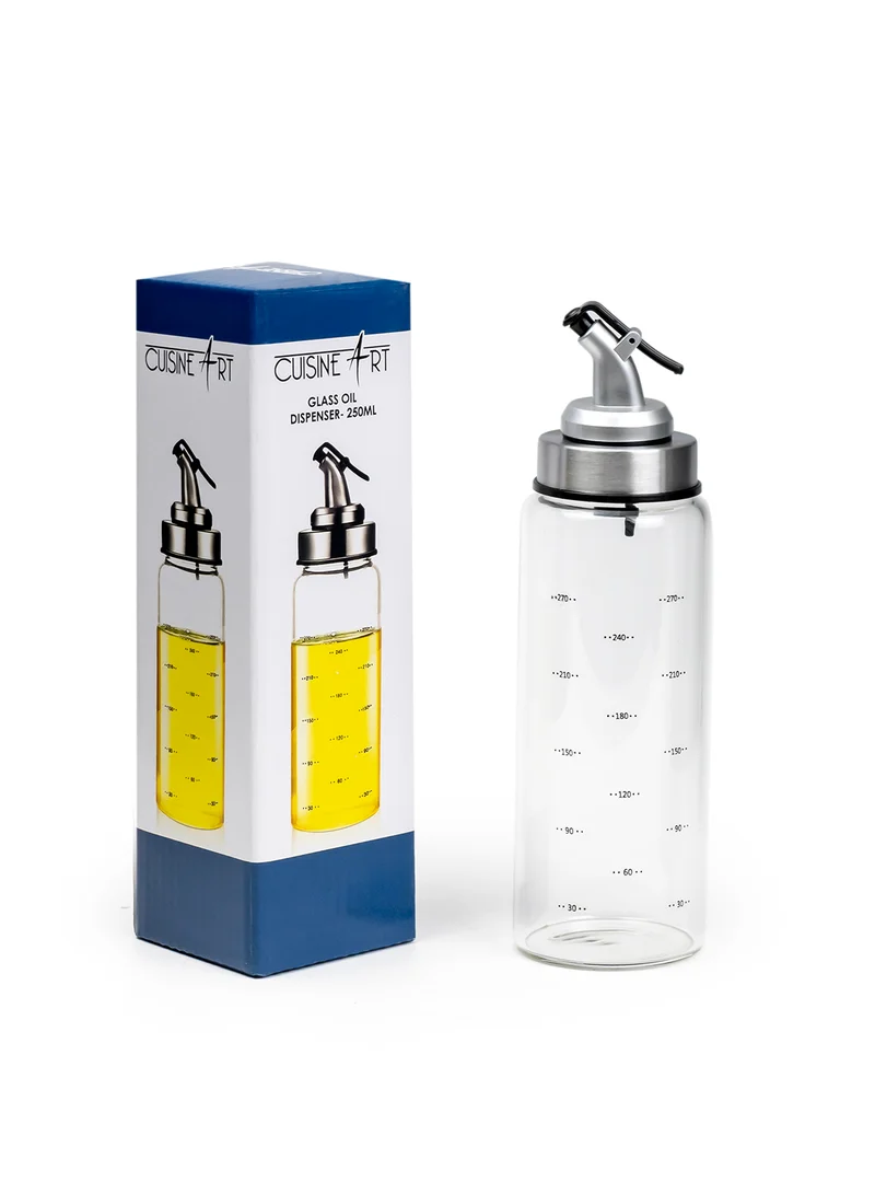 Cuisine Art Glass Oil Bottle, 250ml Oil Dispenser Bottle Stainless Steel embedded Glass Oil Cruet Bottle with Measuring Scale for Olive Oil, Sauces, Vinegar Leak Proof bottle with Auto Flip Non-Drip Spout