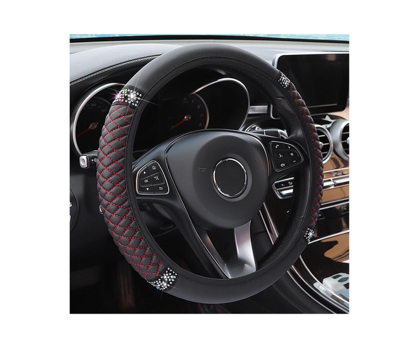 LoyaForba Bling Soft Leather Steering Wheel Cover, 15 Inch Colorful Rhinestones Auto Elastic Steering Wheel Protector, Sparkly Crystal Diamond for Women Girls, Car Accessories for Most Cars (Black/Red) - Image 1