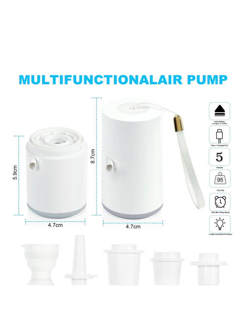 Electric Mini Air Pump Portable Air Pump with 5 Nozzles Camping Light 1360mAh Battery USB Rechargeable Quick-Fill Deflate & Inflate Pump for AirBed Pump Swimming Pool Camping Accessories