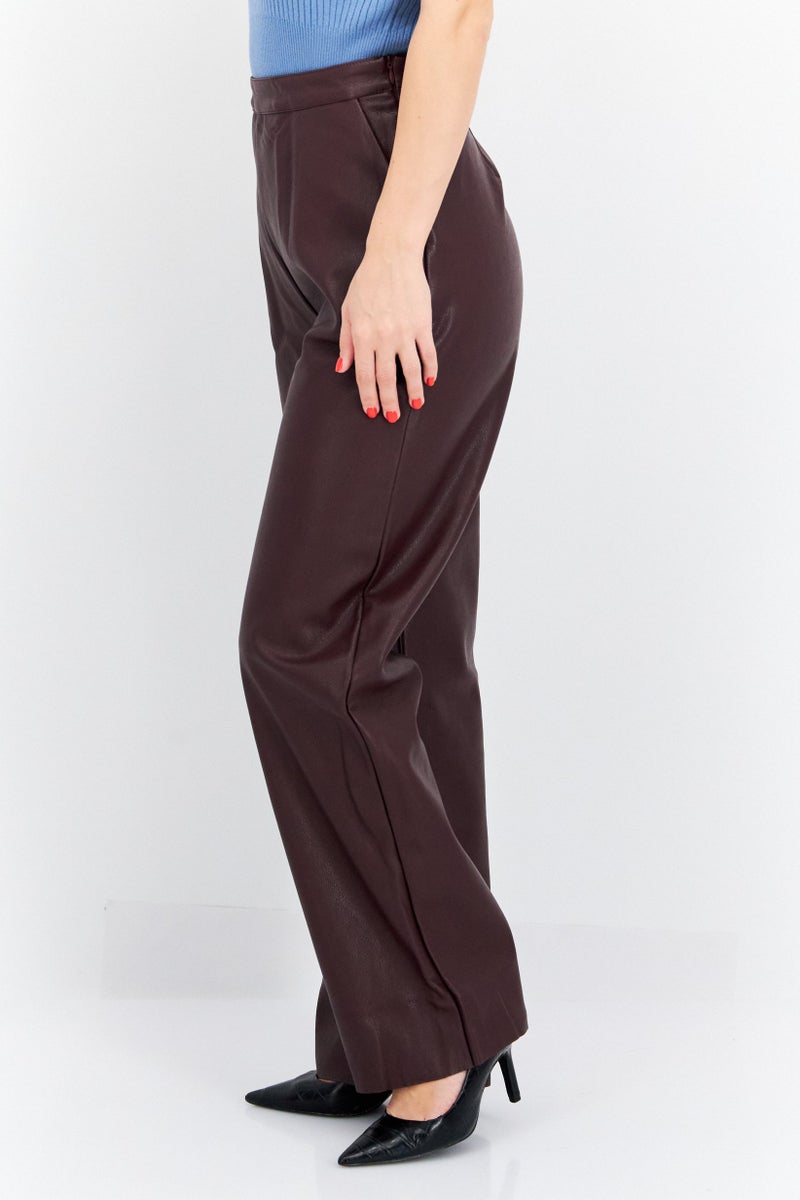 Sage The Label بنطلون جلد واسع الساق للنساء بتصميم عادي، بورغندي - Image 3