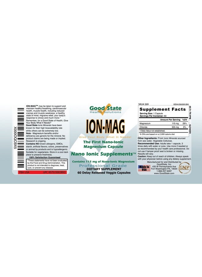 Good State ; Ionmag ; Ionic Magnesium ; Nano Sized Mineral Technology ; Supports Healthy Breathing & Cardiovascular Health ; 115 Mg Per Serving ; 60 Capsules  - Image 4