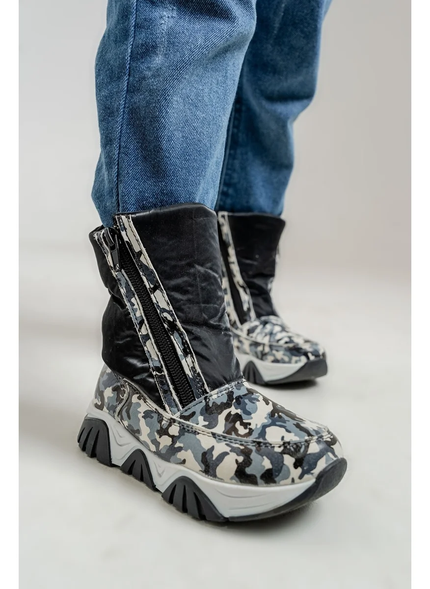 Mnpc Boys Black Leather Fur Anatomical Snow Boots