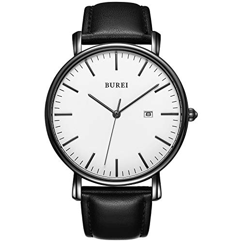 BUREI Men Watches Fashion Minimalist Waterproof Leather Watches for Men Women Student,White Black. - Image 1