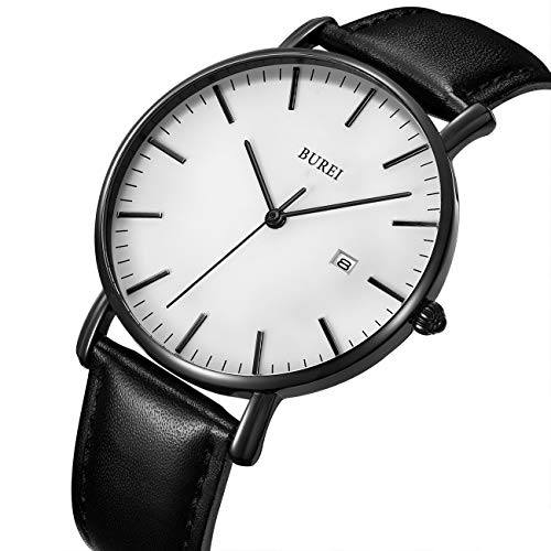 BUREI Men Watches Fashion Minimalist Waterproof Leather Watches for Men Women Student,White Black. - Image 5