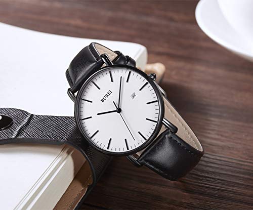 BUREI Men Watches Fashion Minimalist Waterproof Leather Watches for Men Women Student,White Black. - Image 2