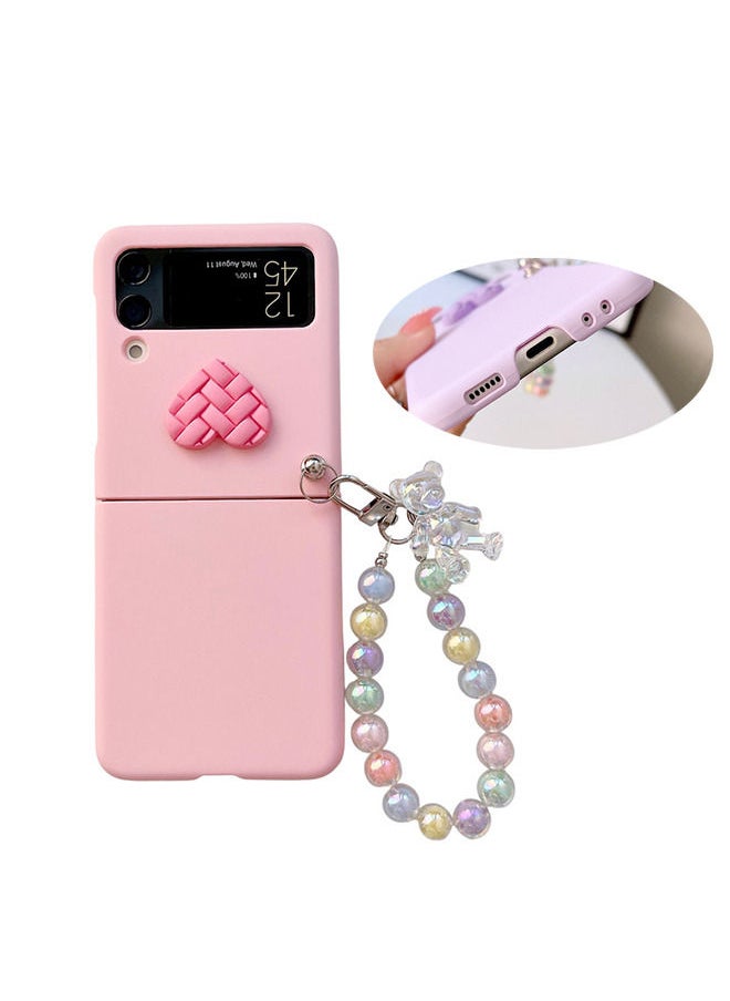Case for Samsung Z Flip 4 with Strap, Case with Wrist Strap, Fit for Hard PC Z Flip 4 Phone Case with Heart Bear Anti-Scratch Anti-Fingerprint Protective Case for Samsung Galaxy Z Flip 4 - Pink