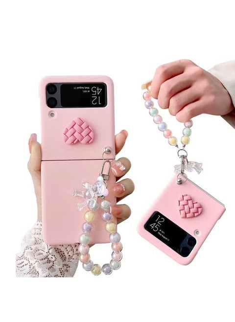 Case for Samsung Z Flip 4 with Strap, Case with Wrist Strap, Fit for Hard PC Z Flip 4 Phone Case with Heart Bear Anti-Scratch Anti-Fingerprint Protective Case for Samsung Galaxy Z Flip 4 - Pink