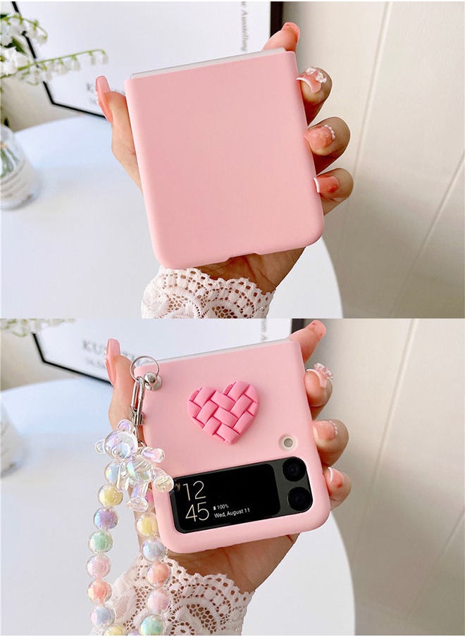 Case for Samsung Z Flip 4 with Strap, Case with Wrist Strap, Fit for Hard PC Z Flip 4 Phone Case with Heart Bear Anti-Scratch Anti-Fingerprint Protective Case for Samsung Galaxy Z Flip 4 - Pink