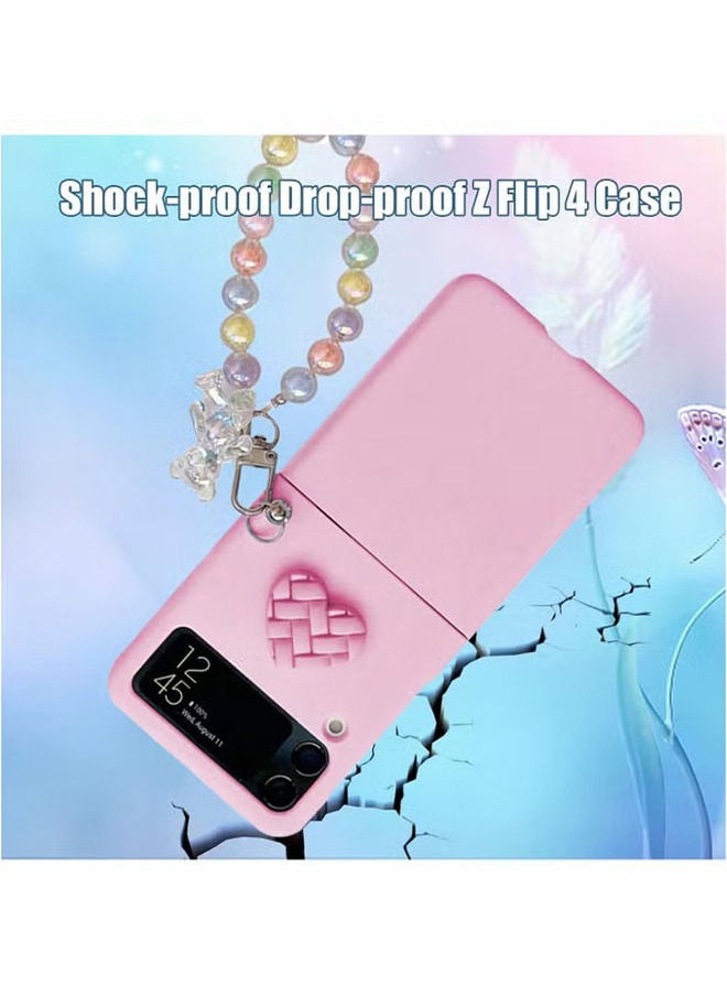 Case for Samsung Z Flip 4 with Strap, Case with Wrist Strap, Fit for Hard PC Z Flip 4 Phone Case with Heart Bear Anti-Scratch Anti-Fingerprint Protective Case for Samsung Galaxy Z Flip 4 - Pink