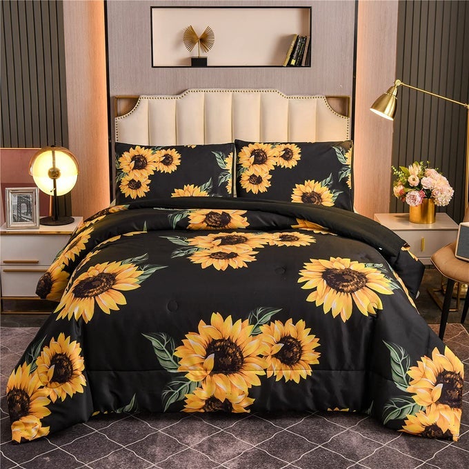 BLACK SUNFLOWER COMFORTER SET KING YELLOW FLORAL BOTANICAL 3 PIECES MICROFIBER BEDDING QUILT FOR WOMEN TEENS ADULTS