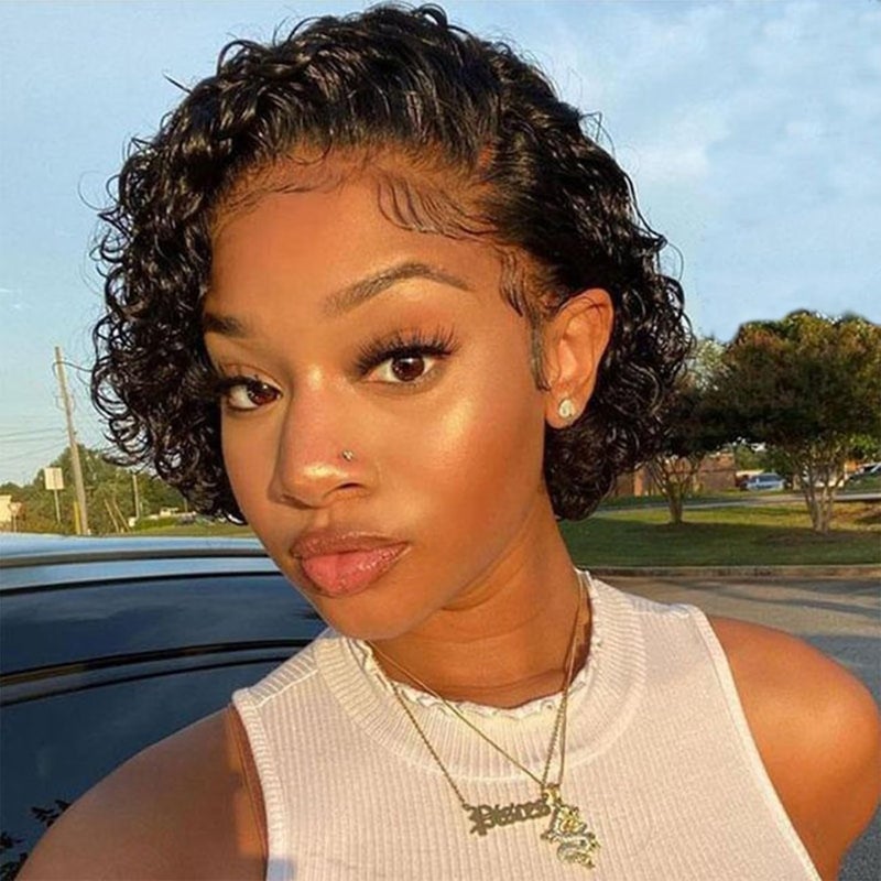Bworto Pixie Cut Short Bob Frontal Wigs Human Hair Pre Plucked Deep Wave 13x4 Hd Lace Front Curly Wigs for Black Wome Natural Black Wig 6 Inch - Image 1