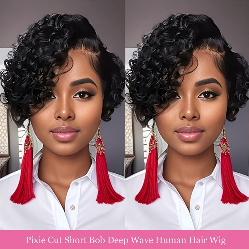 Bworto Pixie Cut Short Bob Frontal Wigs Human Hair Pre Plucked Deep Wave 13x4 Hd Lace Front Curly Wigs for Black Wome Natural Black Wig 6 Inch - Image 2