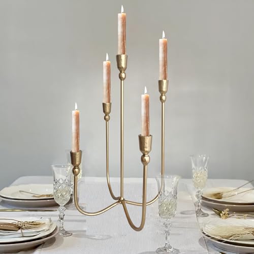 BSTGIFTS Iron Tabletop Candelabra - Decorative Metal Candelabra Candle Holder, 5 French Dinner Candles (Dinner 5 Candles) - Image 2