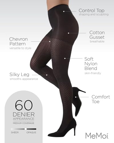 MeMoi Classic Chevron Semi-Opaque Shaper Tights Black Medium/Large - Image 3
