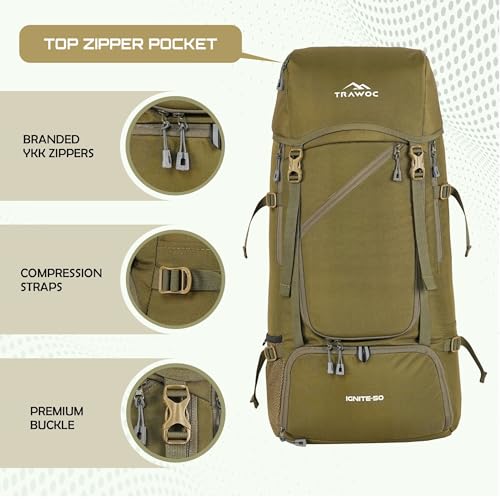TRAWOC IGNITE 50 Litre Travel Bag Front & Top Open Backpack for Hiking Trekking Camping, Rucksack for Men & Women with Rain Cover and Shoe Compartment SHK020 Flaxen Yellow - Image 2