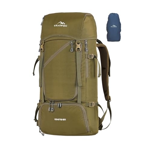 TRAWOC IGNITE 50 Litre Travel Bag Front & Top Open Backpack for Hiking Trekking Camping, Rucksack for Men & Women with Rain Cover and Shoe Compartment SHK020 Flaxen Yellow - Image 1