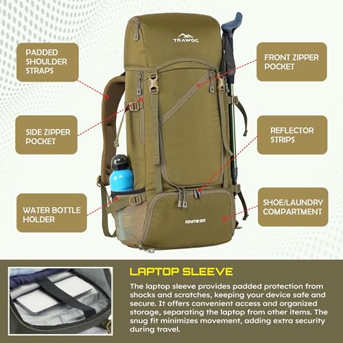 TRAWOC IGNITE 50 Litre Travel Bag Front & Top Open Backpack for Hiking Trekking Camping, Rucksack for Men & Women with Rain Cover and Shoe Compartment SHK020 Flaxen Yellow - Image 4
