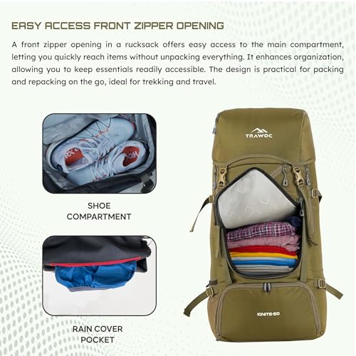 TRAWOC IGNITE 50 Litre Travel Bag Front & Top Open Backpack for Hiking Trekking Camping, Rucksack for Men & Women with Rain Cover and Shoe Compartment SHK020 Flaxen Yellow - Image 5