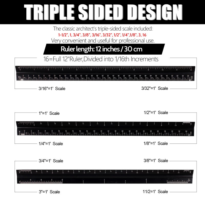 DSUWAZU 12" Architectural Scale Ruler, Aluminum Scale, Triangular Ruler, Scale Ruler for Blueprint Imperial Measurements for Architects Engineering Artists, Draftsman Drawing, Laser-Etched Markings.(Black) - Image 3