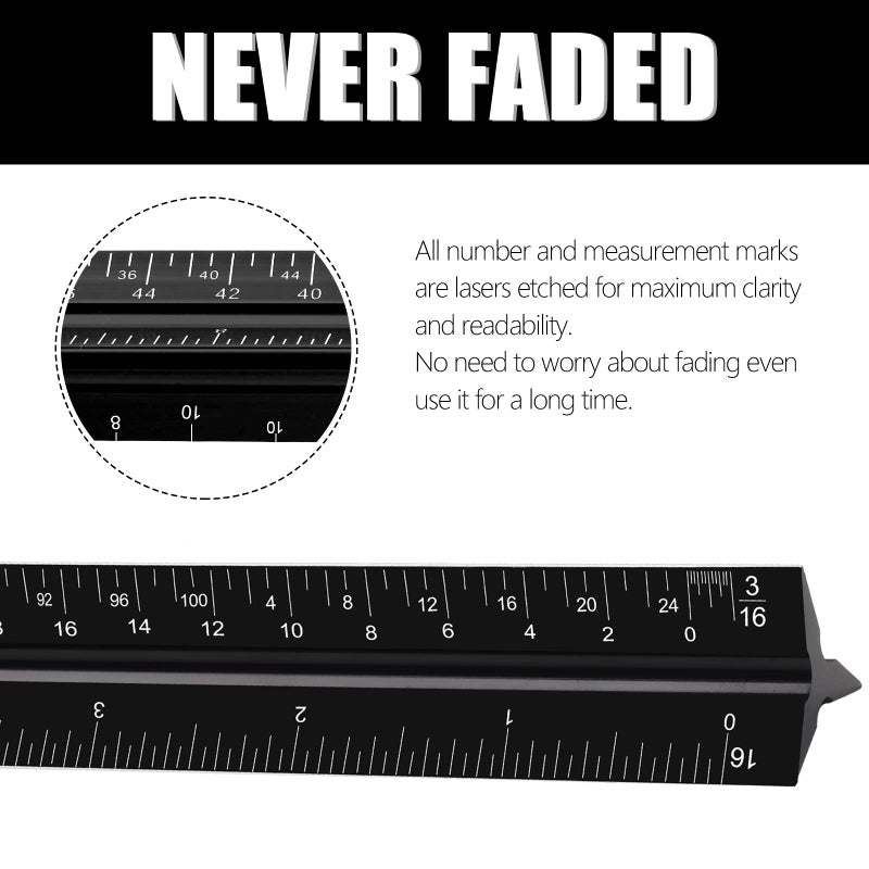 DSUWAZU 12" Architectural Scale Ruler, Aluminum Scale, Triangular Ruler, Scale Ruler for Blueprint Imperial Measurements for Architects Engineering Artists, Draftsman Drawing, Laser-Etched Markings.(Black) - Image 4