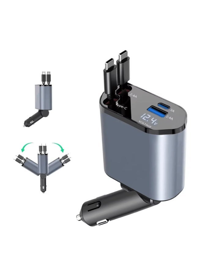 شاحن سيارة سريع متعدد الوظائف مع شاشة LED | شاحن سيارة 4 في 1 فائق السرعة | مزوّد بسلكين قابلين للسحب (Type-C) | شاحن هاتف محمول محمول متوافق مع iPhone 16 - Image 2