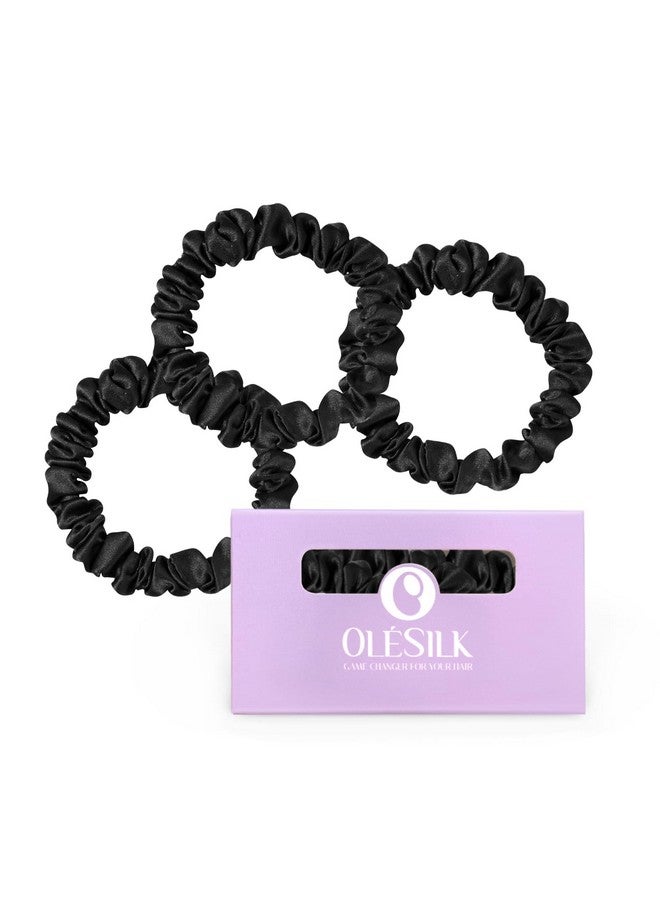 OLESILK Silk Hair Ties for Women: 100% Mulberry Skinny Silk Scrunchies, Soft Smooth No Damage No Crease for Thin Fine Curly Hair 3 Pack, Black - Image 1