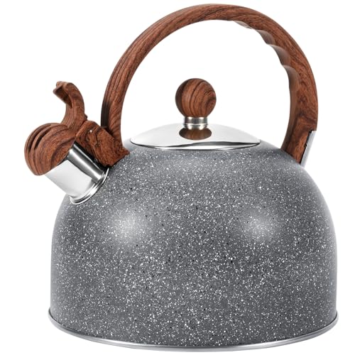 غلايات شاي GGC 27QT3L تصدر صفير من الفولاذ المقاوم للصدأ للموقد مع غلاية شاي لغلي الماء أو القهوة بلون رمادي نجمي مع مقبض خشبي مضاد للحرارة