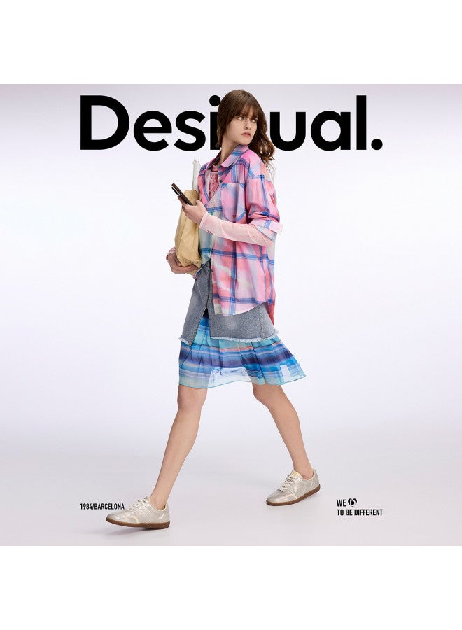 DESIGUAL oversized Checkered Faux Tie-dye Print Collared Long-sleeve Women's Shirt - Image 3