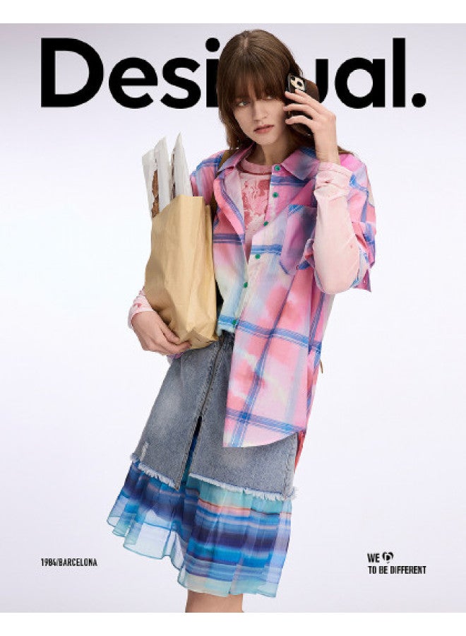 DESIGUAL oversized Checkered Faux Tie-dye Print Collared Long-sleeve Women's Shirt - Image 1