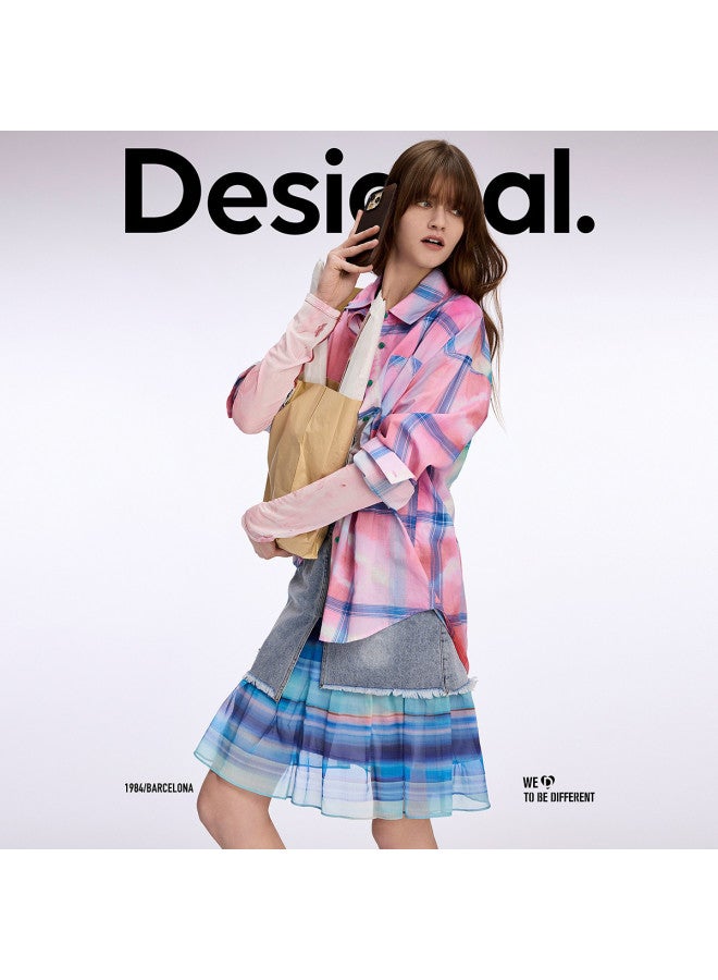 DESIGUAL oversized Checkered Faux Tie-dye Print Collared Long-sleeve Women's Shirt - Image 4