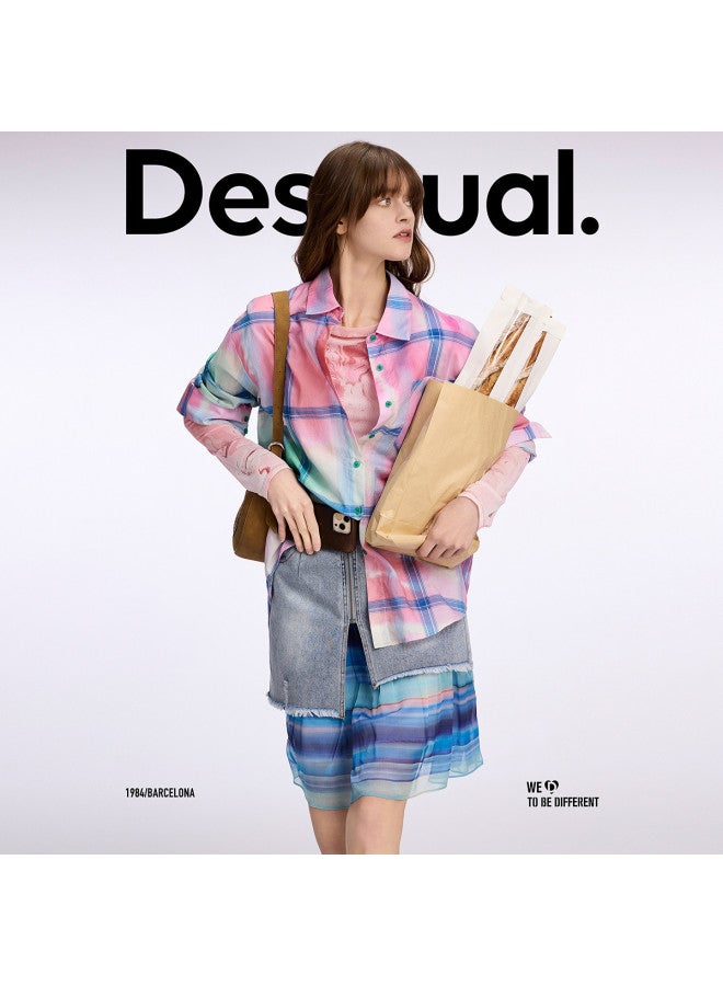 DESIGUAL oversized Checkered Faux Tie-dye Print Collared Long-sleeve Women's Shirt - Image 5