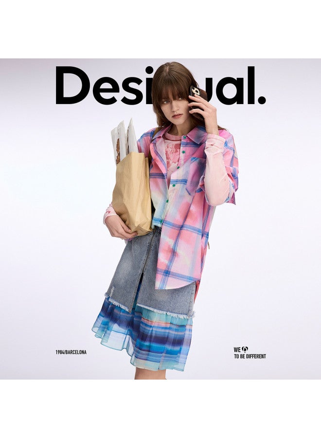 DESIGUAL oversized Checkered Faux Tie-dye Print Collared Long-sleeve Women's Shirt - Image 2