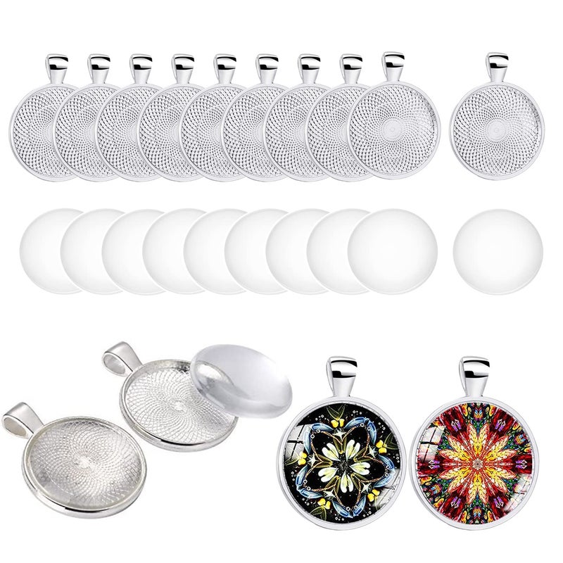 HERZWILD 20 Set Silver Plated Round Bezel with Glass Cabochons 25 mm Alloy Tray Charms Bulk Blanks Bezel Pendant Trays Set for Photo Pendant Resin Craft Jewelry MakingSilver